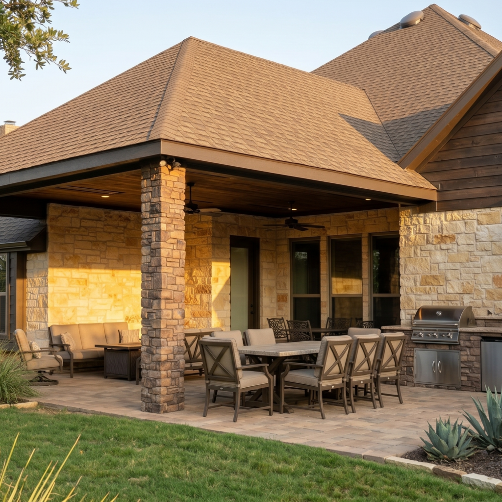 hip roof patio cover builder in Ellis County Texas builds perfect outdoor living space with hip roof cover