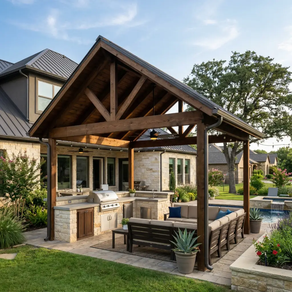 pergola contractor in Ellis County Texas builds gable roof cedar pergola
