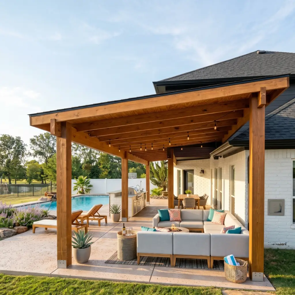 pool side shed roof patio cover contractor in Ellis County Waxahachie Texas